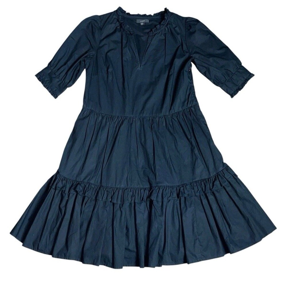 J.Crew Tiered Popover Cotton Poplin in Black Notched V-neck Dress XXS